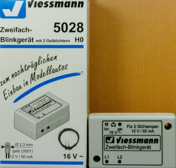 Viessmann 5028 H0 Zweifach-Blinkelektronik mit 2 gelben Glühlampen.