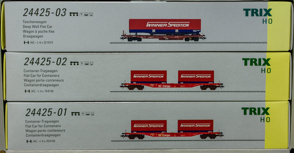 Trix 24425 H0 3er Containerwagen-Set „Winner“. Eingestellt bei der DB-AG. Epoche V.