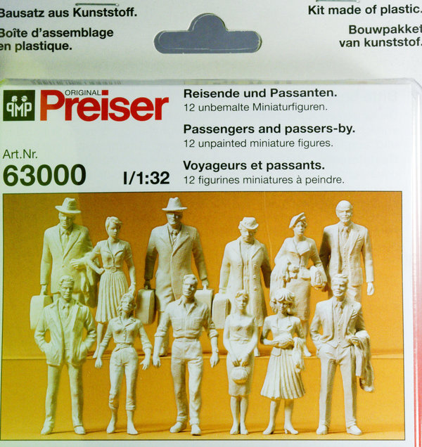Preiser 63000 I Reisende und Passanten. 12 unbemalte Miniaturfiguren in 1 : 32