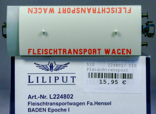 Liliput 224802 H0 Kühlwagen der Bad.St.B. "Gebr. Hensel, Wurstfabrik". AC - Radsätze