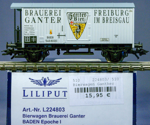 Liliput 224803 H0 Kühlwagen der Bad.St.B. "Brauerei Ganter Freiburg". AC - Radsätze