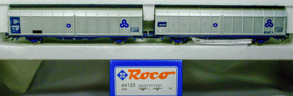 Roco 44123 H0 Doppeleinheit Schiebewandwagen „Vetropack“ der ÖBB. AC-Radsätze.