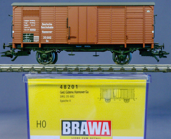 Brawa 48201 H0 Gedeckter Güterwagen Gu Hannover der DRG, DC - Radsätze