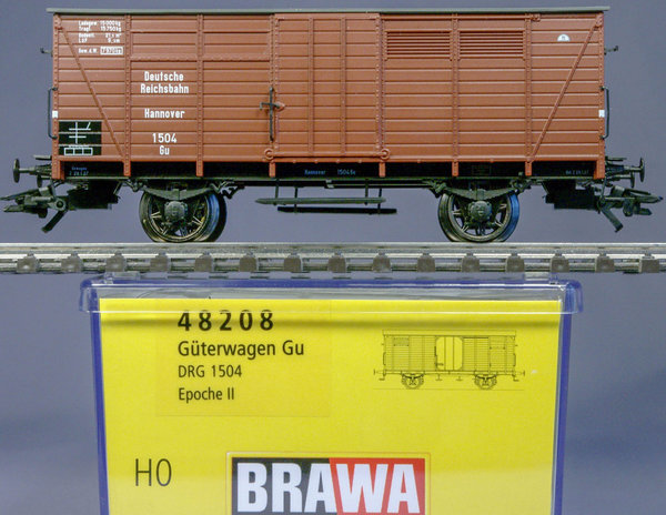 Brawa 48208 H0 Gedeckter Güterwagen Gu Hannover der DRG. AC-Speichenradsätze.(Märklin)