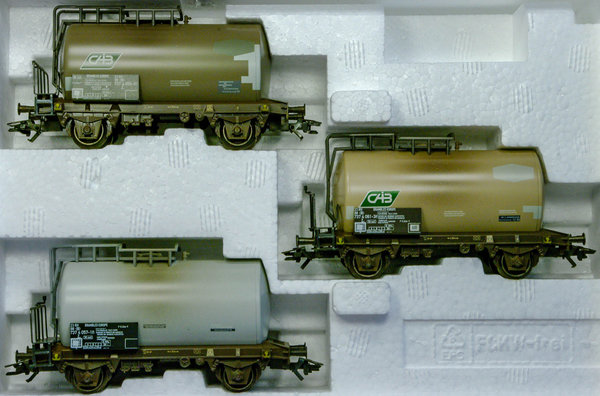 Märklin 84854 3er-Set Kesselwagen der SNCB in gealterter Ausführung. Aufschrift "CAB"
