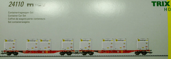 Trix 24110 H0 Container-Tragwagen-Set aus zwei Wagen mit WoodTainer XS Container. Epoche VI.