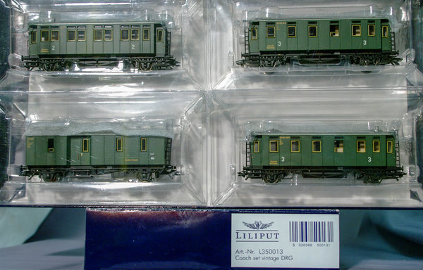 Liliput L350013 H0 Personenwagen-Set der DRG. 4-teilig.(ex ÖBB) Epoche II. DC - Radsätze(2-Leiter)